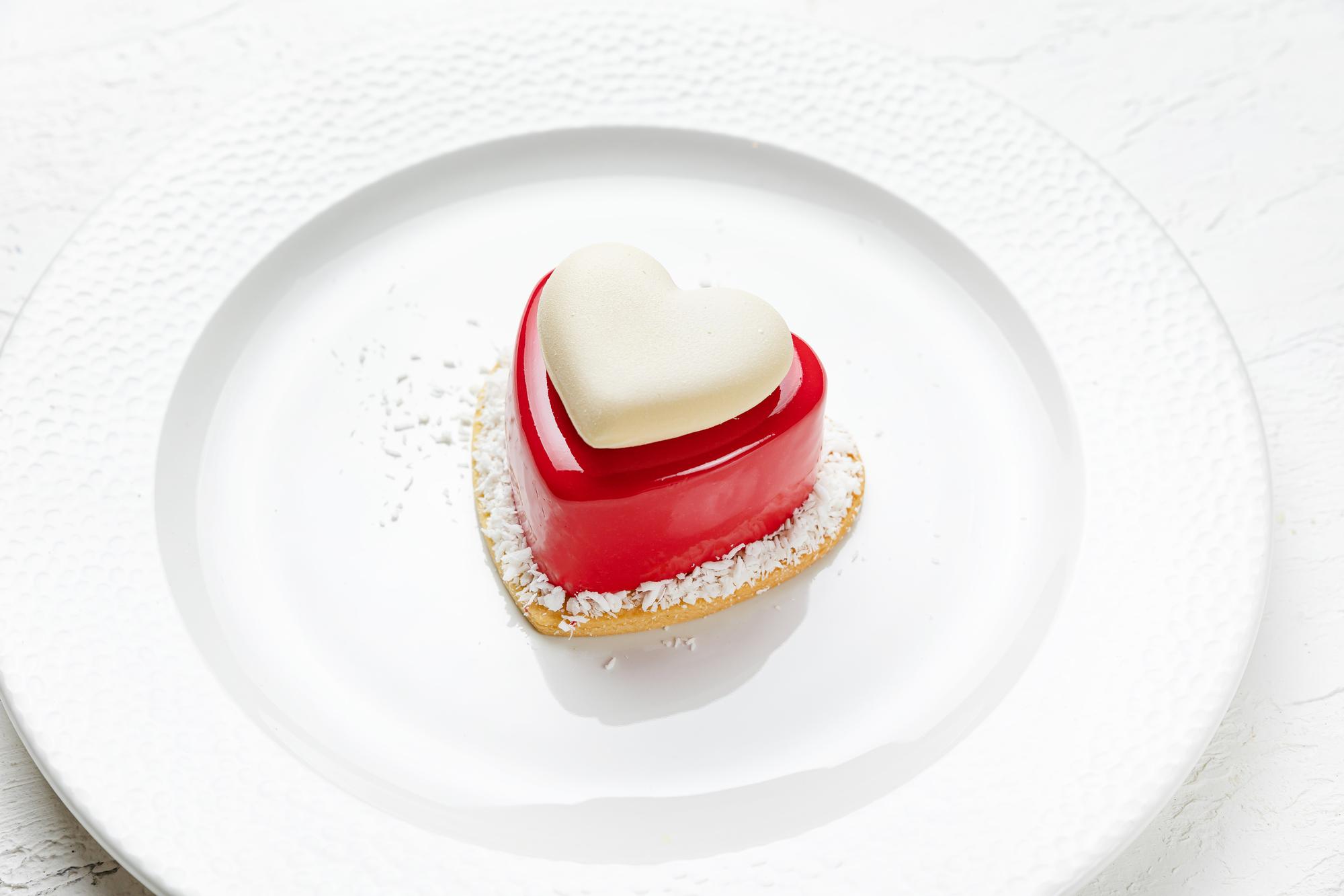 close-up of plated dessert with textured glaze