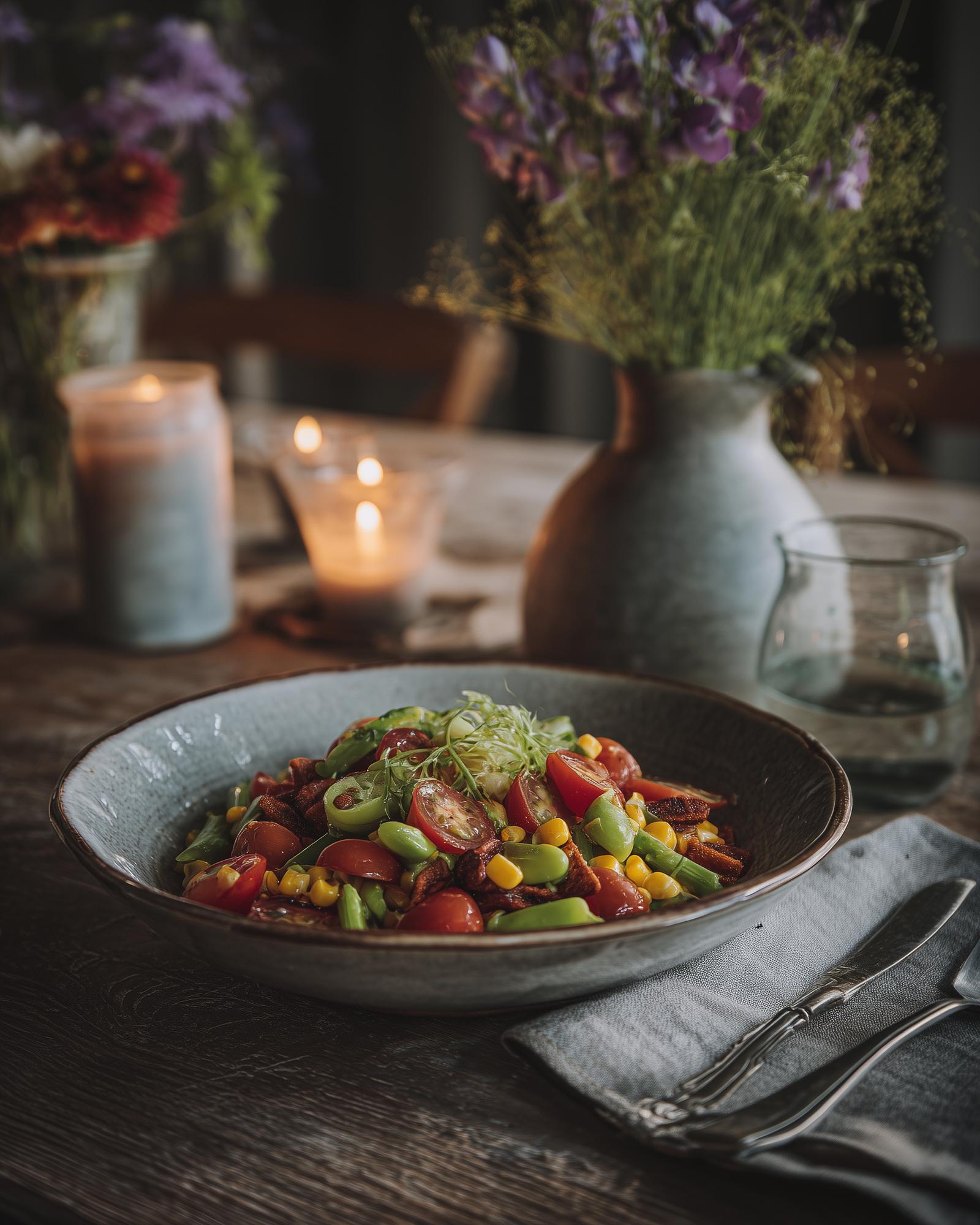 warm kitchen counter with plated seasonal dish in soft light
